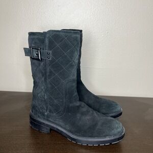 aquatalia boots 7.5 Quilted Black Buckle Minimalist Heeled Mid Calf Suede Riding